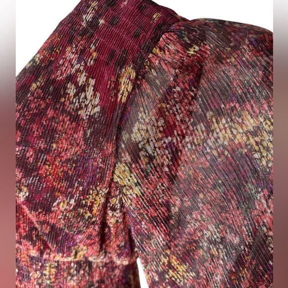 Maison Tara Curvy Size 14 Maroon Red Floral Metallic Pleat Fabric Dress - Picture 7 of 11